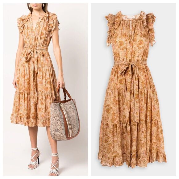 Ulla Johnson Virginia Pink Meadow Floral Print Ruffle Sleeve Midi Dress Size 6 - Picture 1 of 16